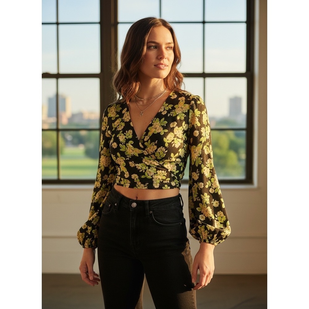MNG Mango Floral Crop Top Black Lime Green Balloon Sleeve Cottagecore Fairy Boho - Picture 11 of 15
